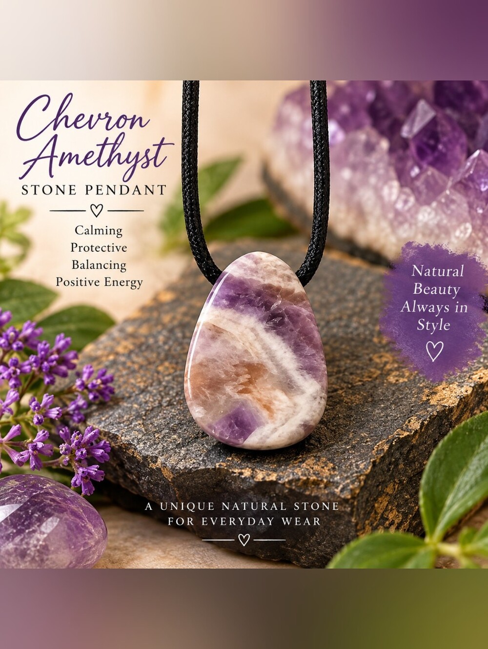 Chevron Amethyst Stone Pendant Necklace - Purple & Cream